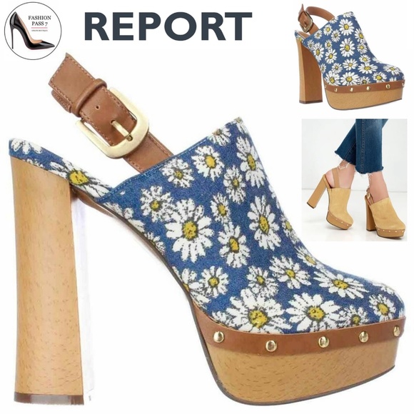 Report Mylie Blue Floral Slingback Platform Clogs Block Heel Fashion Pump Shoe 8 - Picture 1 of 10